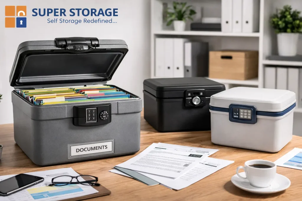 Lockable document storage boxes with organized files in a secure office setup