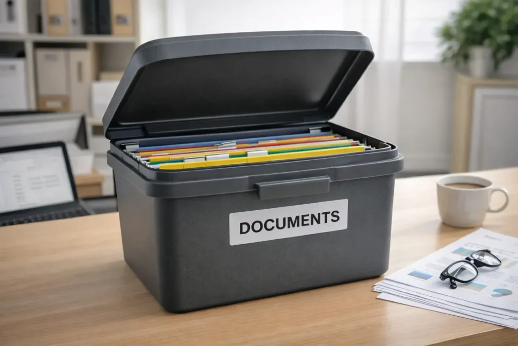 Document storage box with lid containing organized files on an office desk
