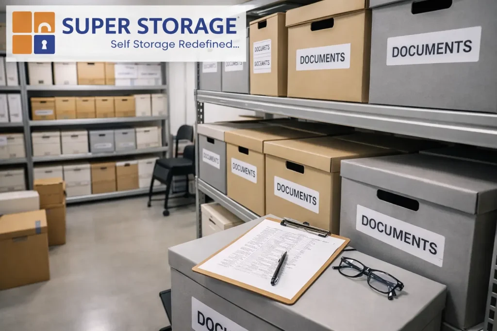 B & B secure document storage facility with organized archive boxes and SuperStorage logo