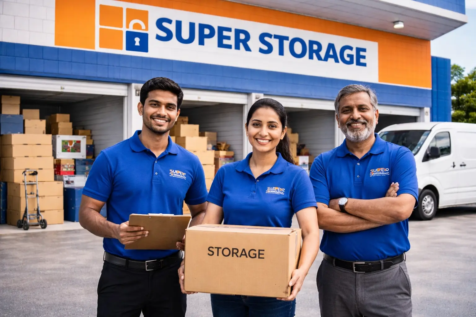 SuperStorage workers standing outside a nearby self storage facility with organized storage units