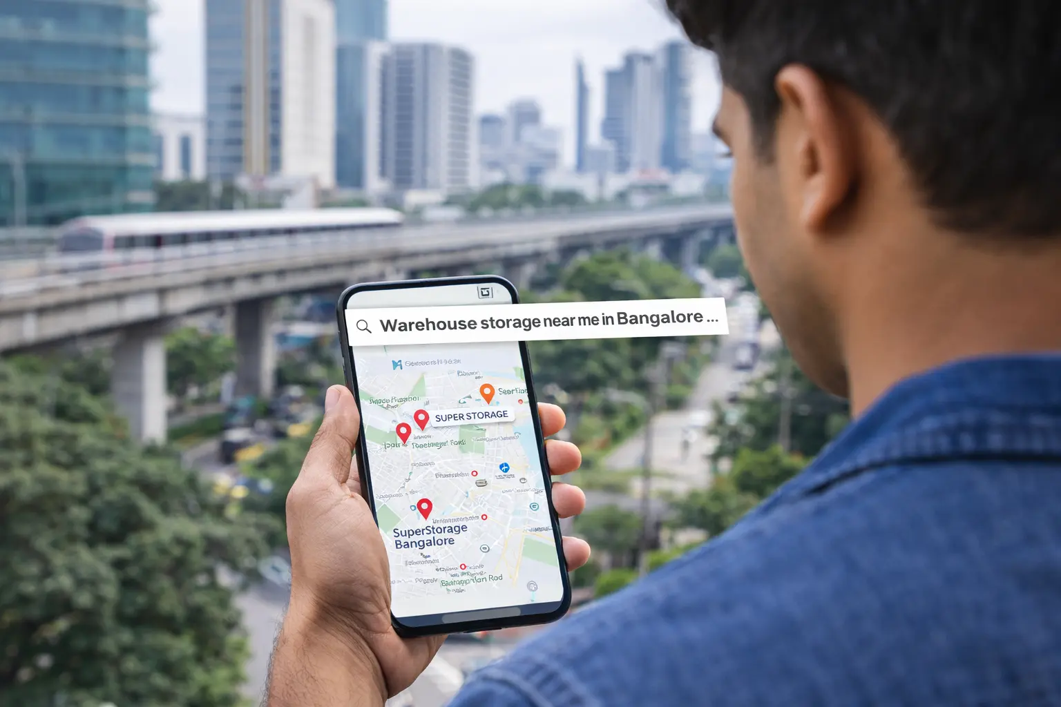 Customer searching for warehouse storage near me in Bangalore on a mobile phone