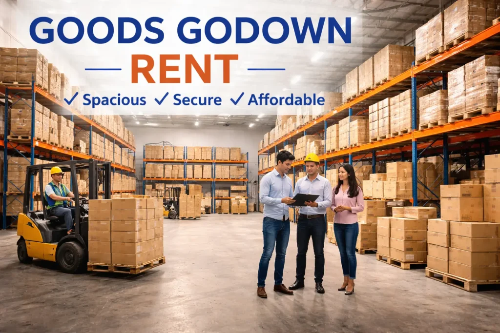 Commercial goods stored inside a spacious godown available for rent
