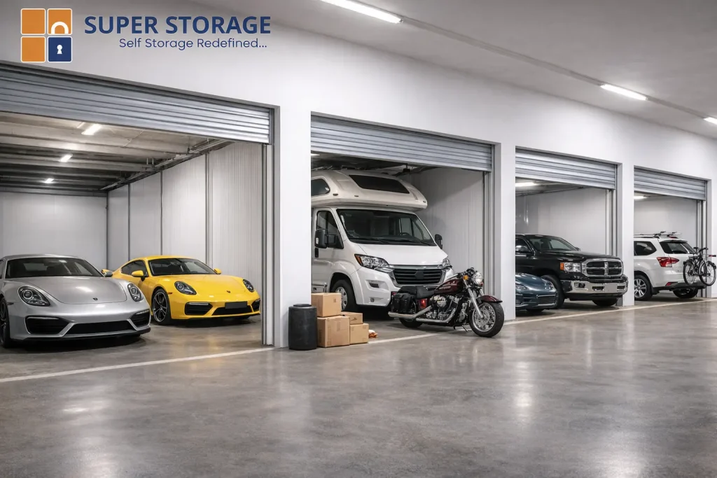 Automobile storage facility with separate indoor units for cars, motorcycles, and recreational vehicles