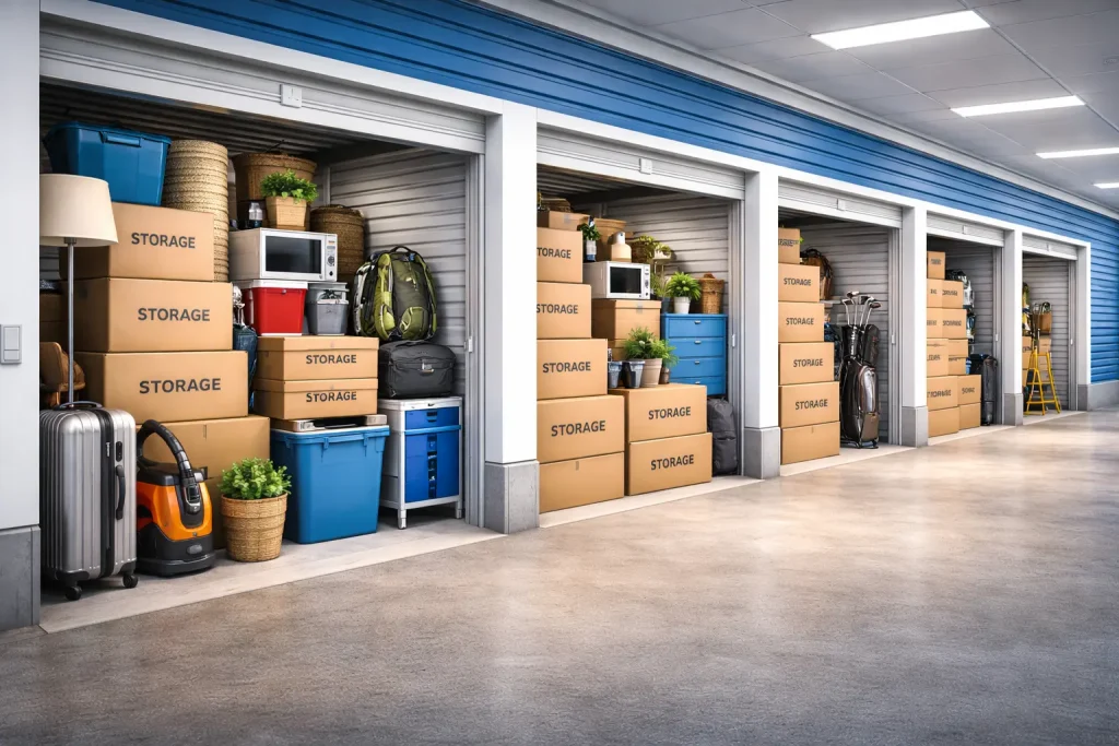 Multiple storage rooms with neatly stored household goods in a secure Bangalore storage facility