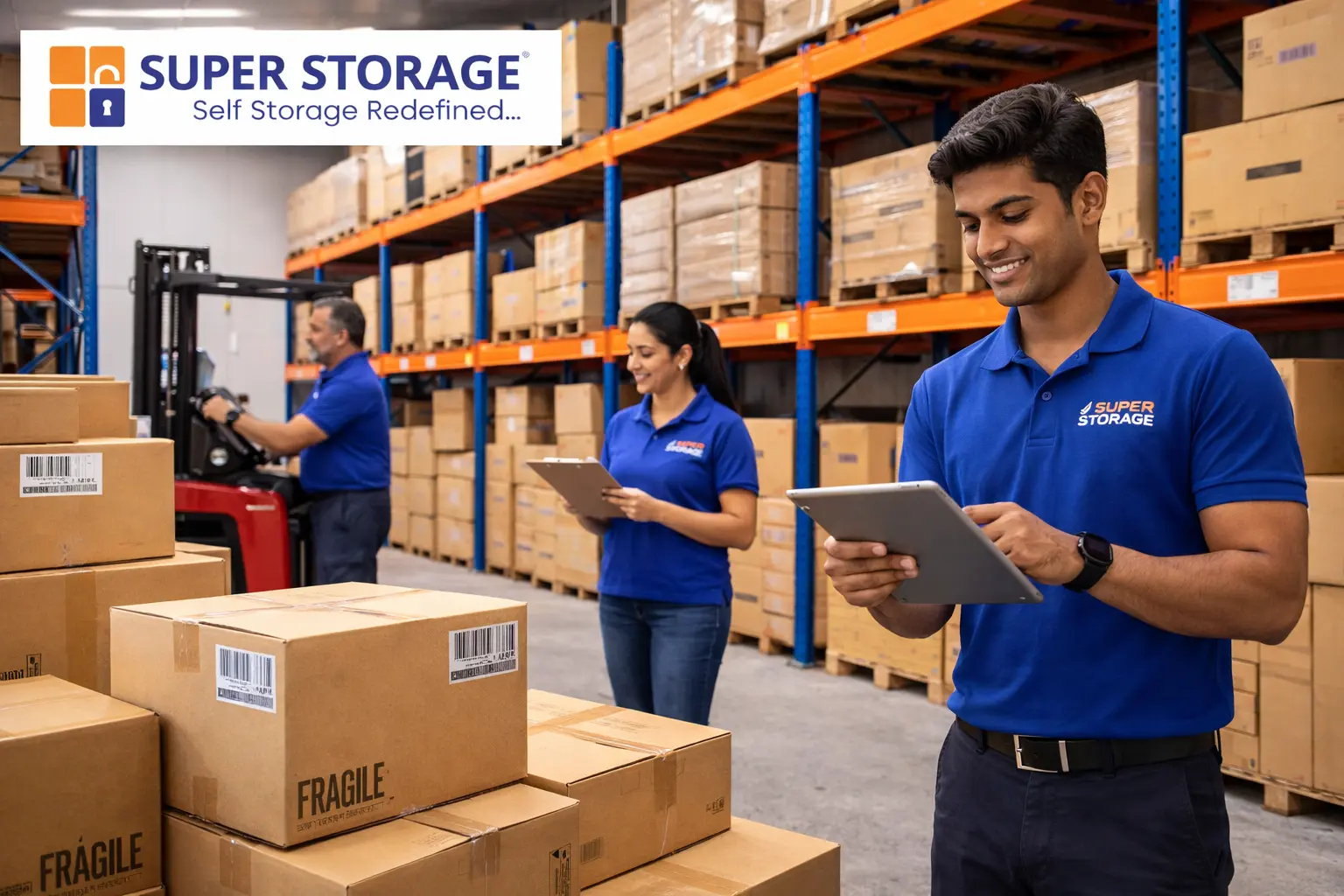 SuperStorage team managing goods inside a warehouse explaining warehouse charges and storage pricing