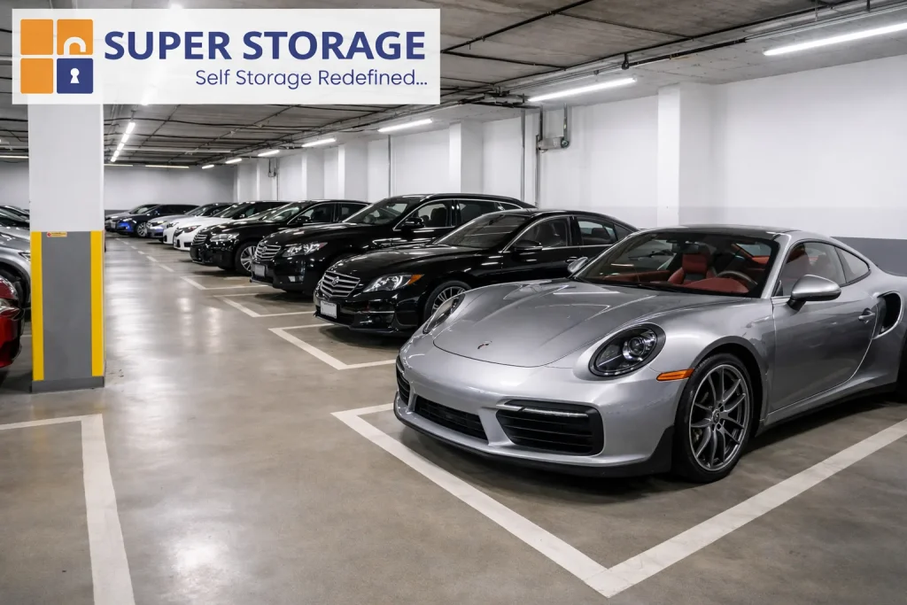 Indoor automobile storage facility with luxury cars and SuperStorage logo