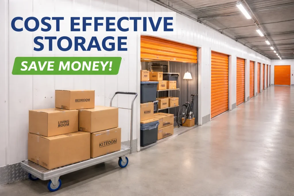 Cost effective self storage facility with organized units and moving boxes
