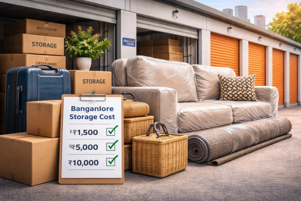 room shifting items stored in secure storage facility showing storage space cost in Bangalore