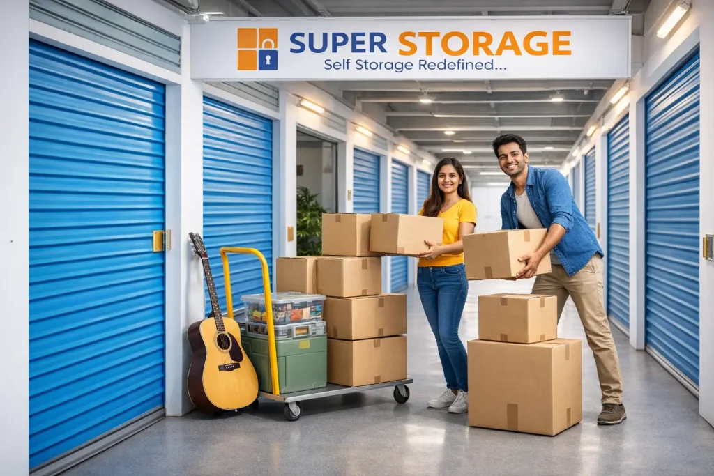 Self storage facility near Whitefield Bangalore with people storing boxes securely