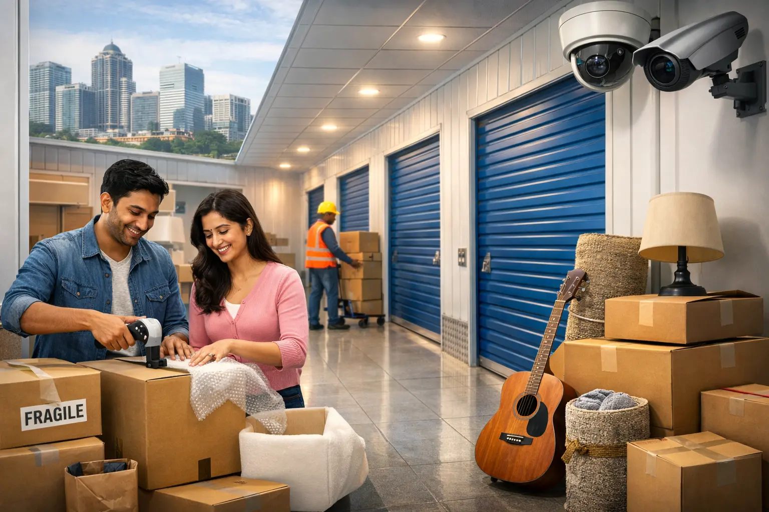 Couple packing household items in a secure self storage facility in Bangalore