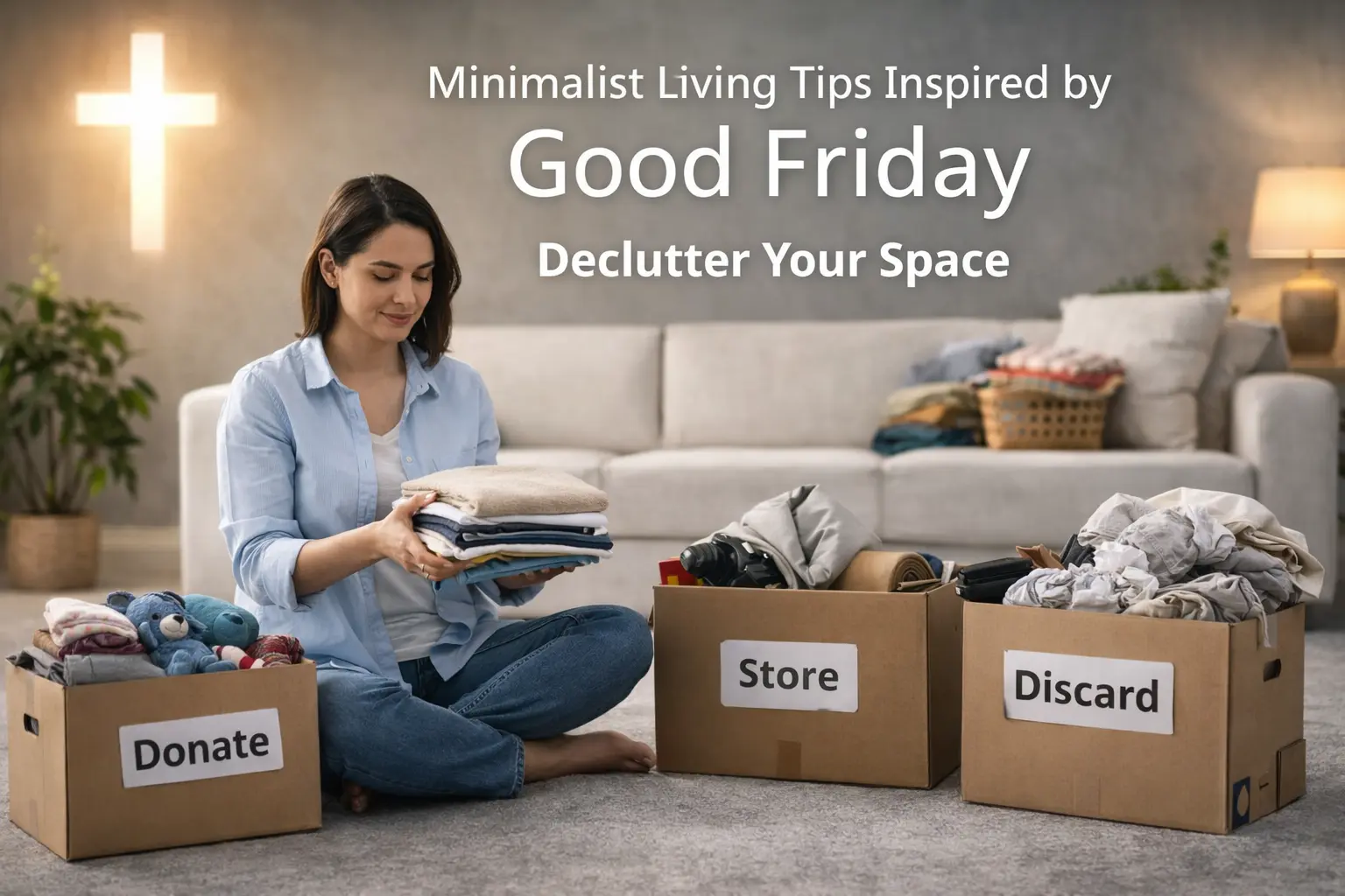 Woman decluttering home with boxes for donate store and discard inspired by Good Friday