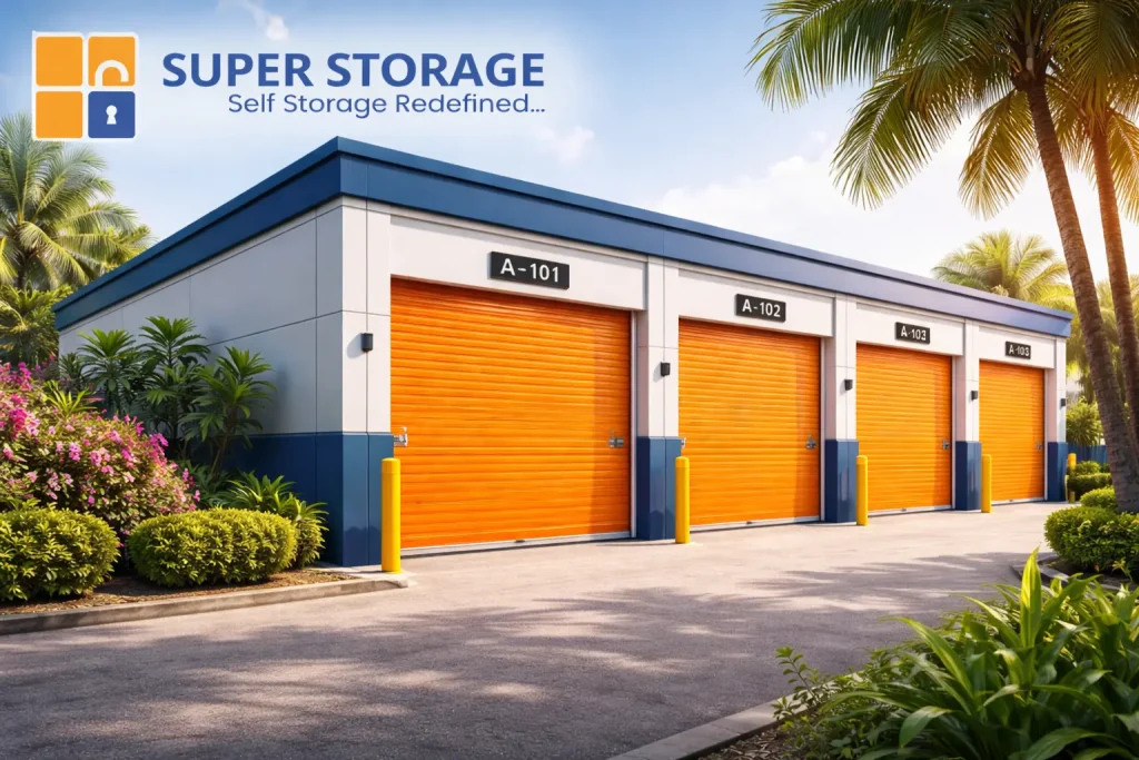 Self-storage warehouse in Chennai with secure orange storage units and SuperStorage facility exterior