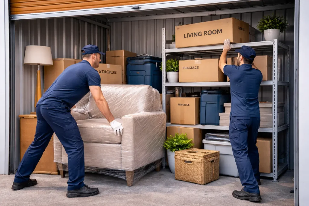 workers storing household furniture in secure storage unit in Bangalore