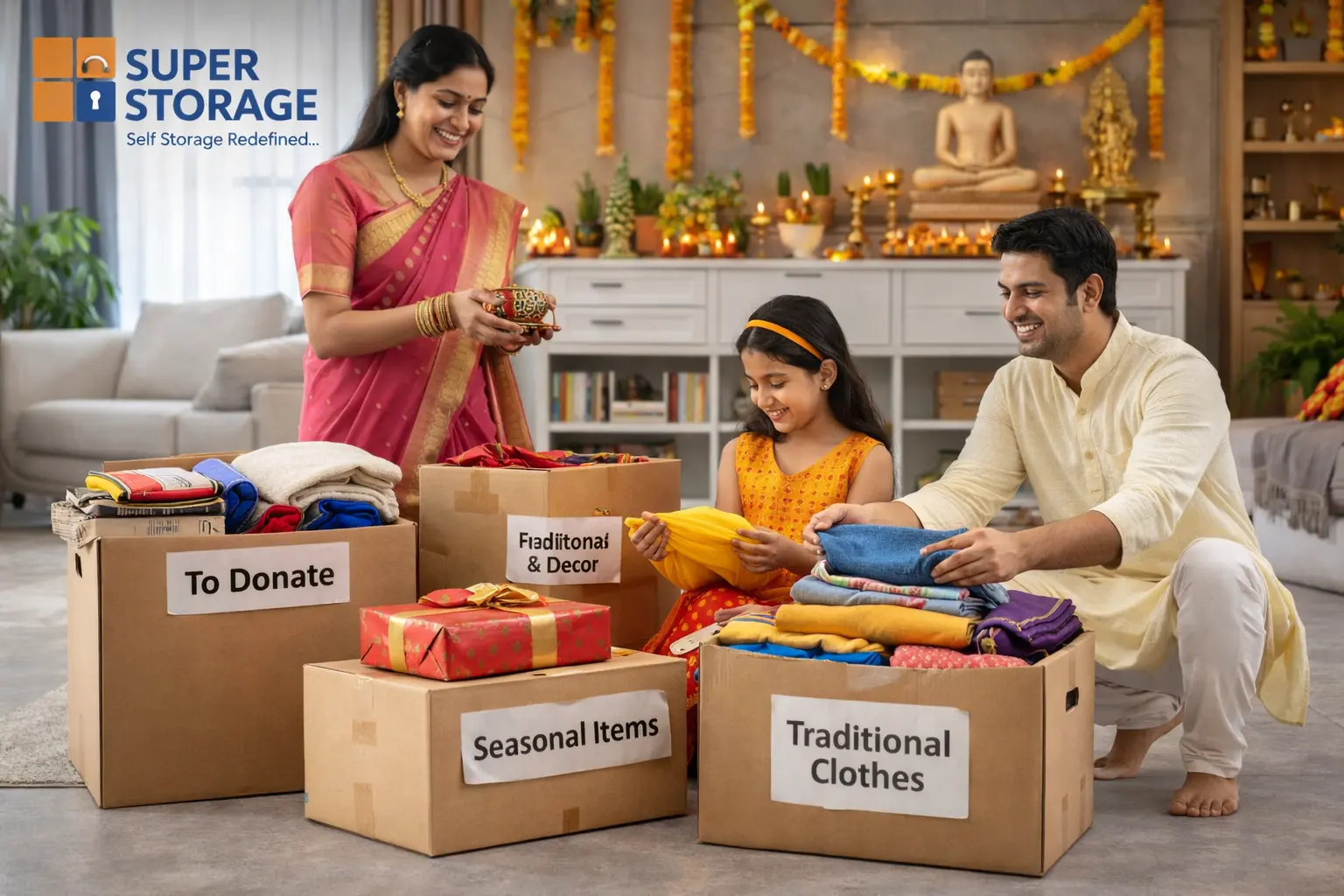 Indian family organizing home for Mahavir Jayanti with storage boxes and festive setup