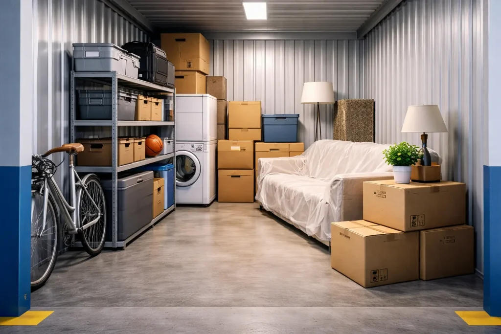 Temporary storage unit in Bangalore with organized household furniture, boxes, and appliances inside a secure facility