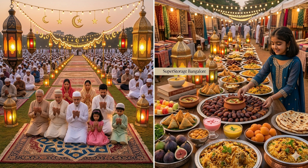 A professional split-screen photography shot. The left side shows a large community prayer gathering under festive lights at dusk. The right side shows a young girl in a blue dress reaching for dates on a massive, organized Iftar banquet table featuring samosas, biryani, and fruits.