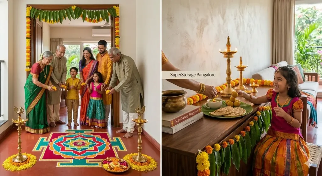 A split-screen professional interior photo of a Bangalore home decorated for Ugadi, featuring a happy multi-generational family by a colorful Rangoli and a young girl reaching for festive sweets on an organized wooden sideboard.