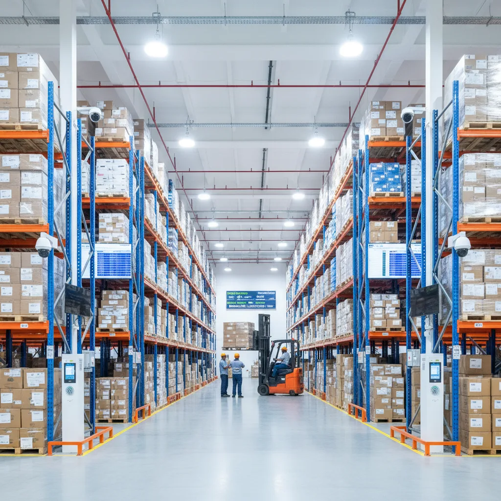 Modern indoor godown facility in Bangalore with high racking systems, forklifts in operation, and advanced security features