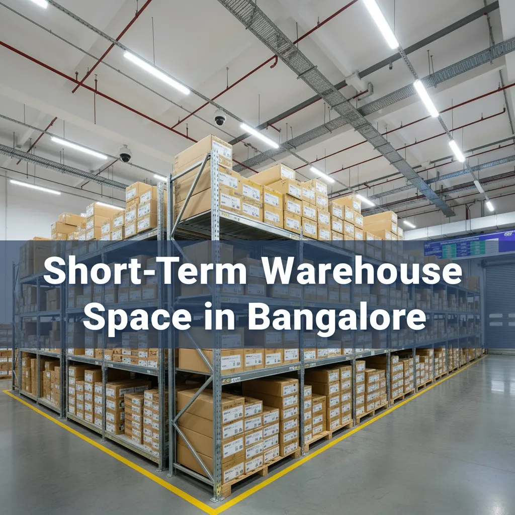Modern warehouse in Bangalore with organized shelves and labeled boxes, promoting short term warehouse space for rent.