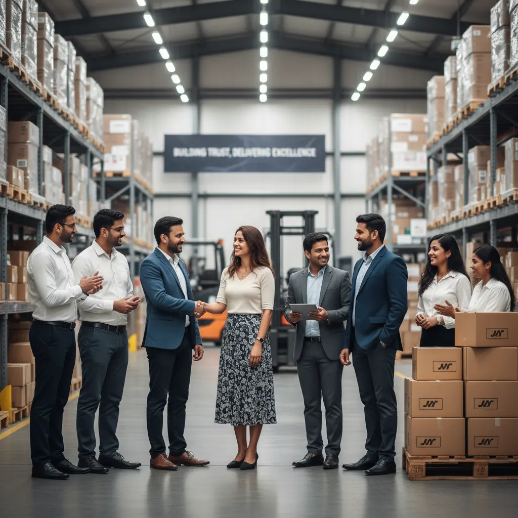 Indian business professionals shaking hands in a modern warehouse, symbolizing trust, partnership, and efficient logistics operations.