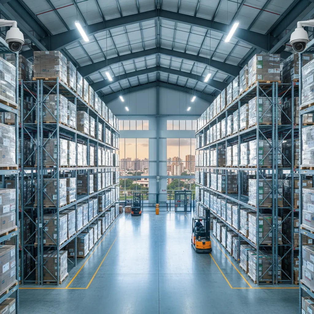 A modern warehouse interior with tall racks of neatly stacked boxes, security cameras, forklifts, and a large window overlooking Bangalore's city skyline, emphasizing efficiency and security.
