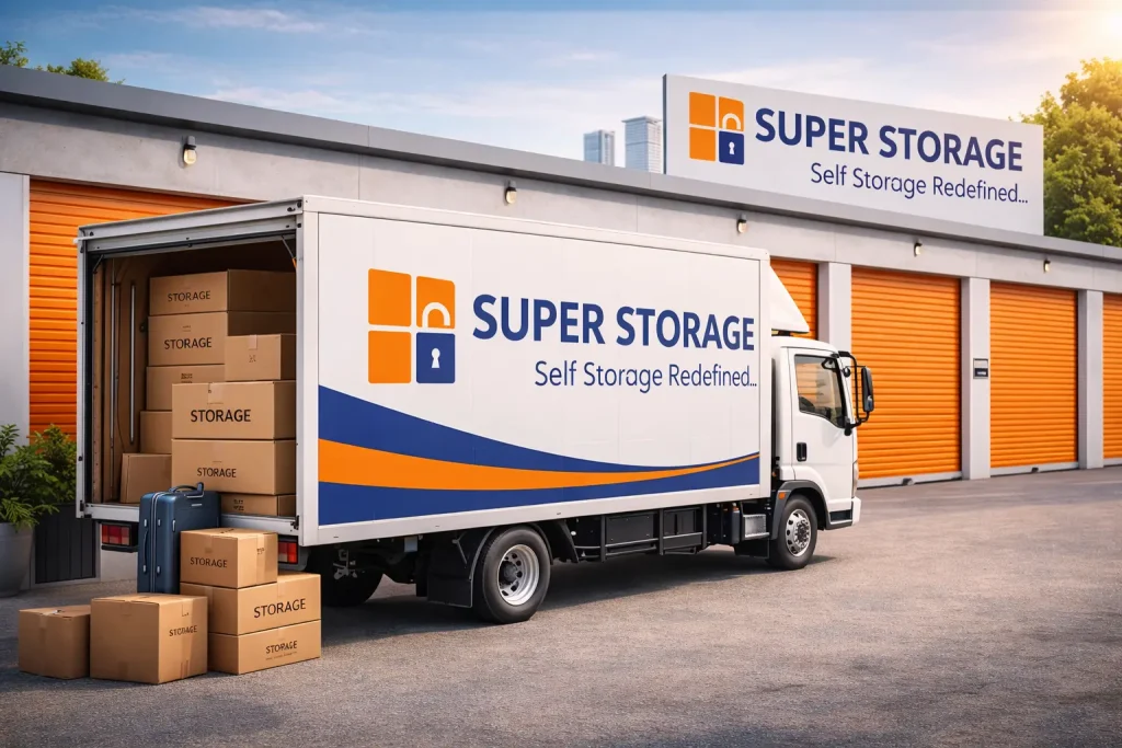 SuperStorage moving truck outside Bangalore storage facility with boxes ready for storage