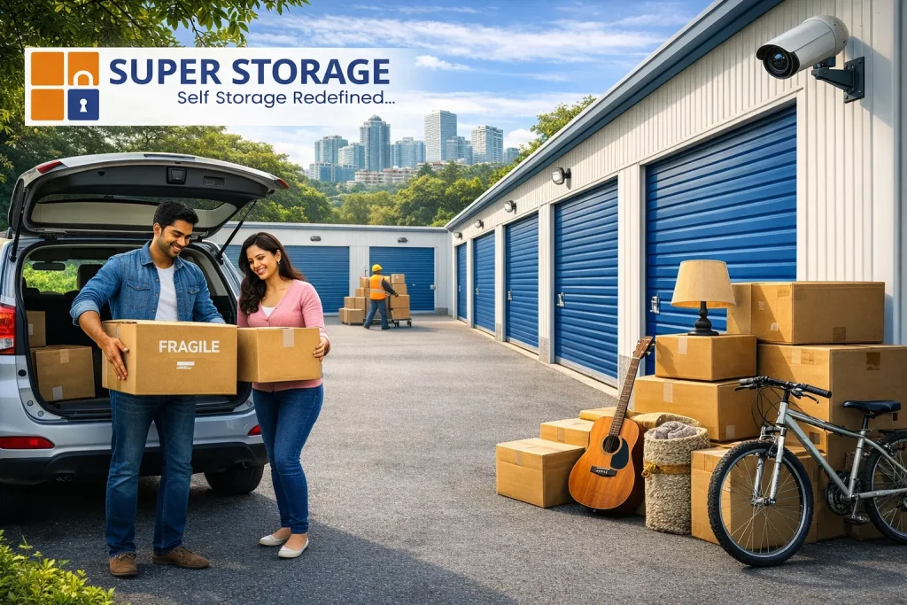 Outdoor self storage facility in Bangalore with people unloading boxes and secure storage units