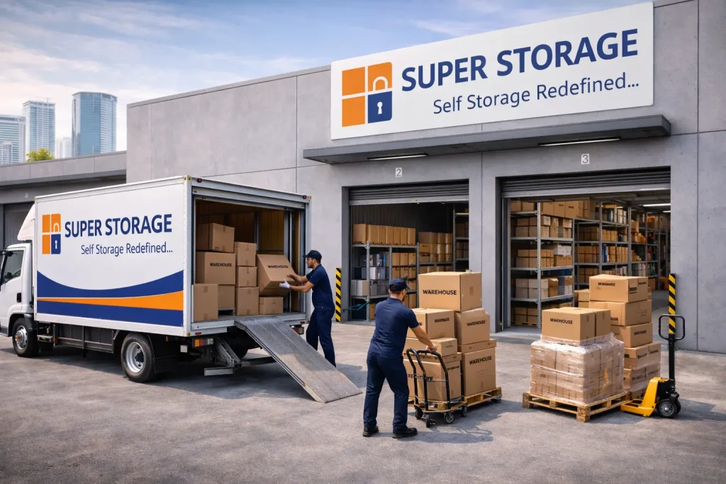 SuperStorage warehouse in Bangalore with workers unloading boxes from storage truck