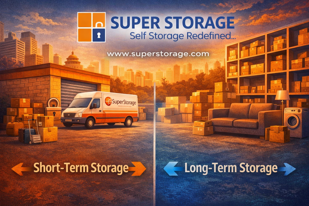 Illustration showing short-term and long-term storage with SuperStorage warehouse, boxes, and delivery van in orange and blue theme