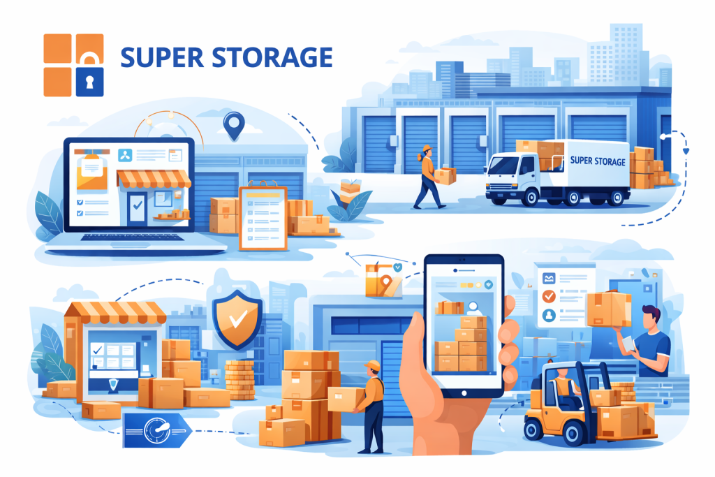 Illustration of ecommerce inventory storage with warehouse units, delivery truck, packages, mobile tracking, and logistics operations alongside Super Storage branding.