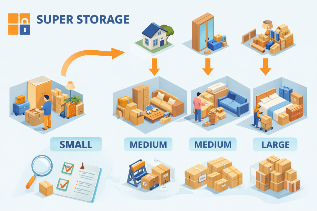 Illustration showing different storage unit sizes with household items, furniture, and boxes organized from small to large units, along with the Super Storage logo.