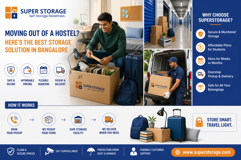 Student moving out of hostel in Bangalore using SuperStorage for secure luggage and temporary storage solution
