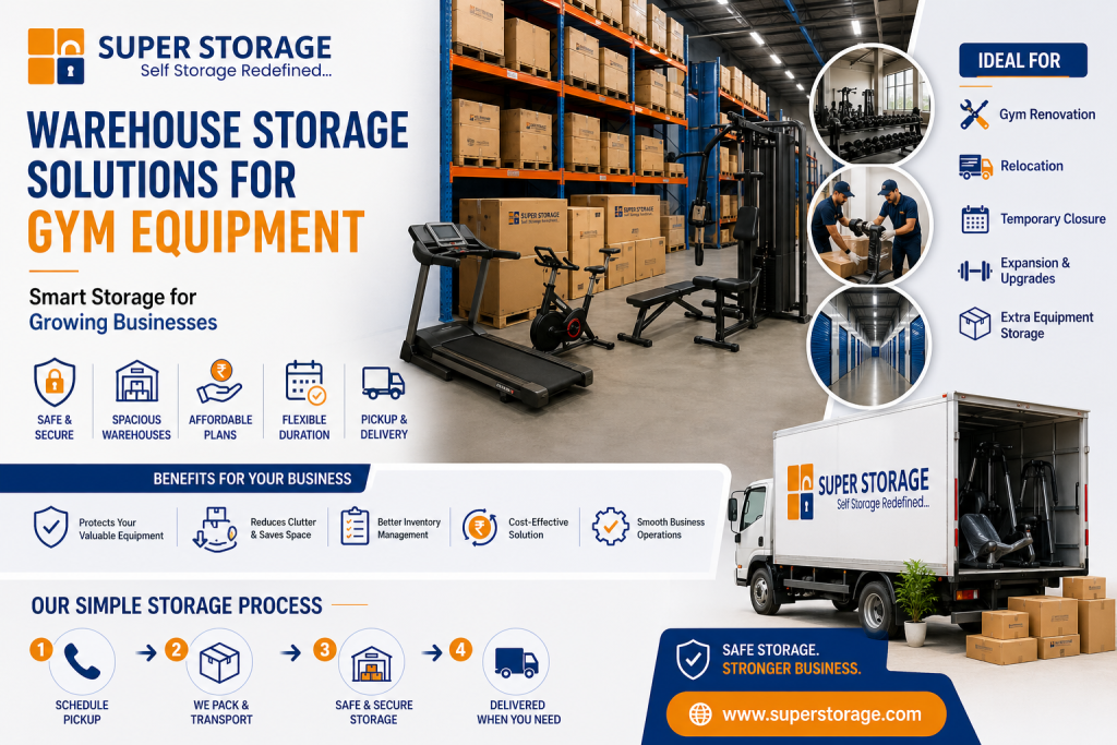 Warehouse storage for gym equipment in Bangalore with secure storage of treadmills weights and fitness machines by SuperStorage