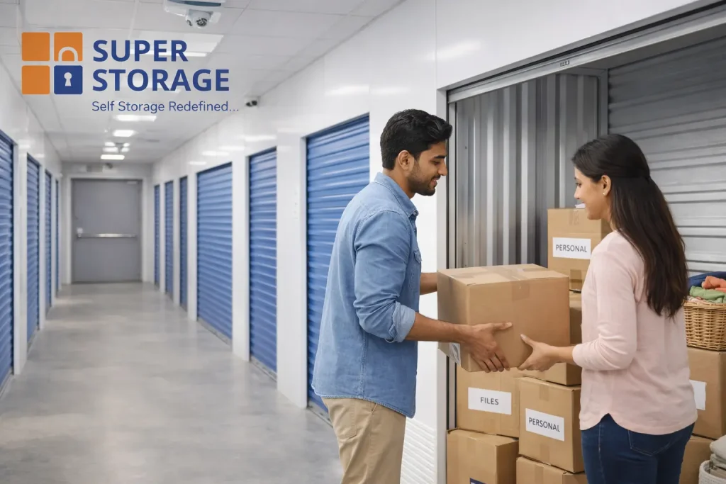 Nearby storage facility in Bangalore with people storing boxes in secure units