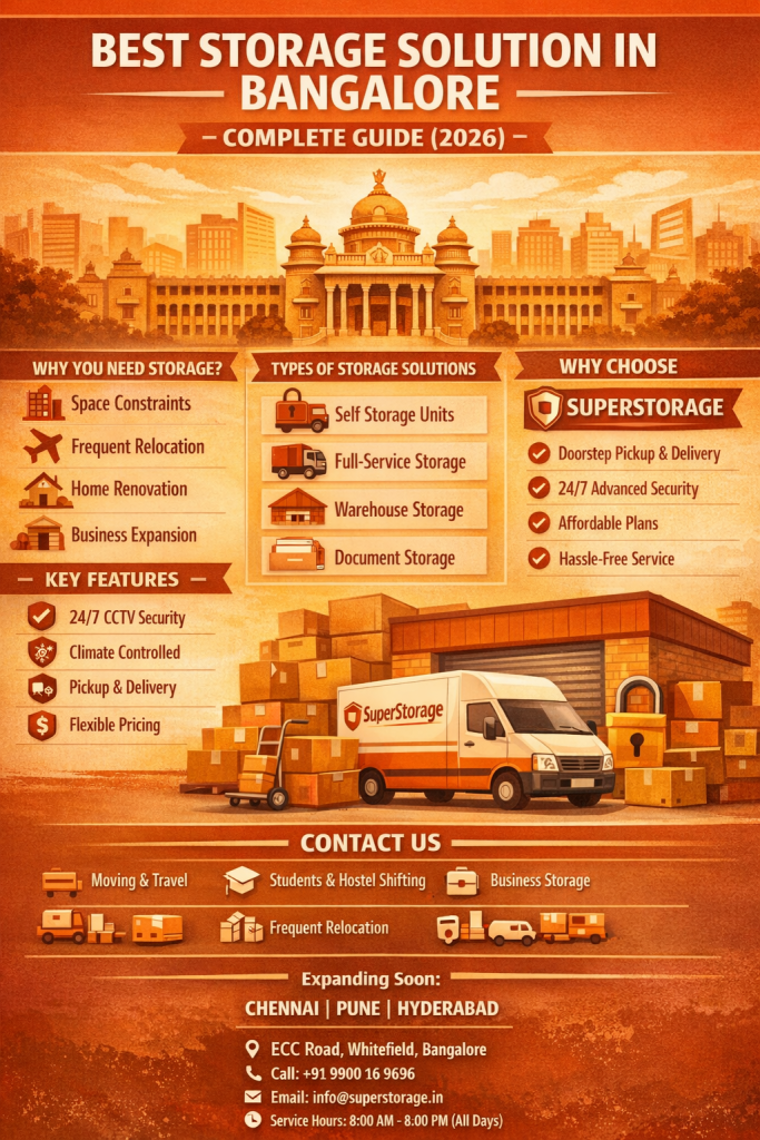 Infographic showing best storage solutions in Bangalore with features, types, and SuperStorage services in orange theme