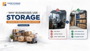 Why businesses use storage instead of renting bigger offices in Bangalore – SuperStorage business storage solution banner showing cluttered office vs organized storage units