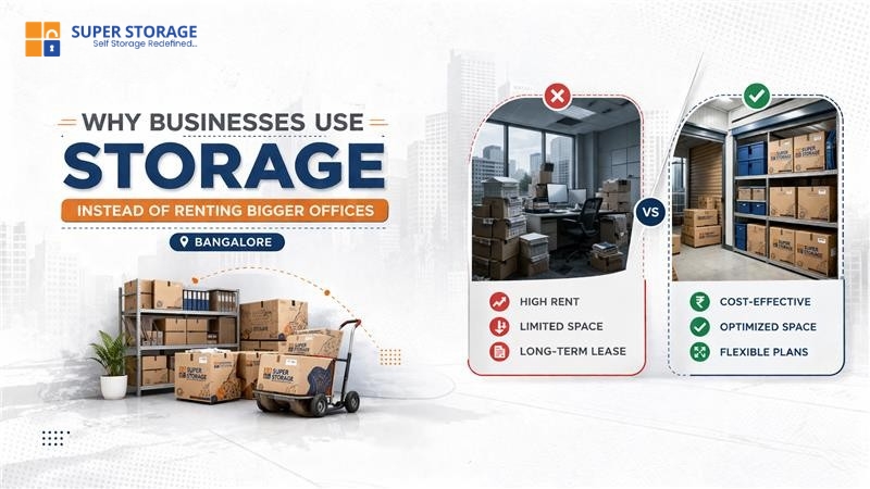 Why businesses use storage instead of renting bigger offices in Bangalore – SuperStorage business storage solution banner showing cluttered office vs organized storage units