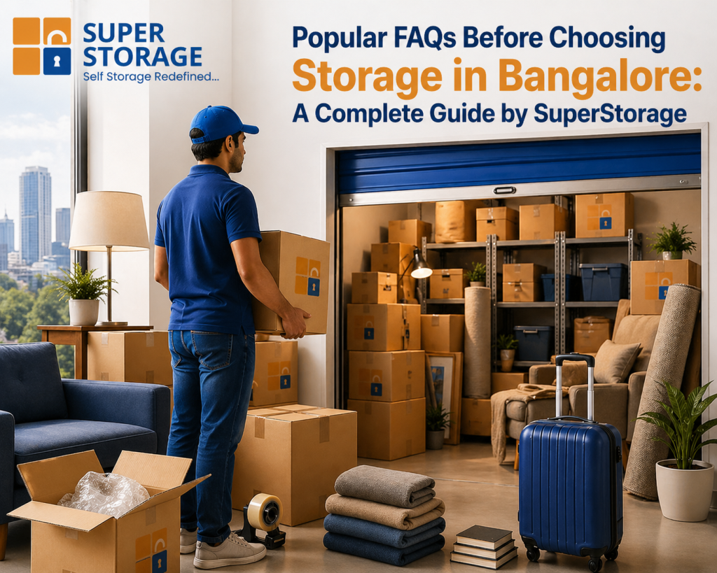 A professional promotional image for "Super Storage" featuring a delivery person in a blue uniform carrying a box. The setting is a bright room overlooking a city skyline, with an open storage unit in the background filled with organized boxes and furniture. Large text on the image reads: "Popular FAQs Before Choosing Storage in Bangalore: A Complete Guide by SuperStorage."