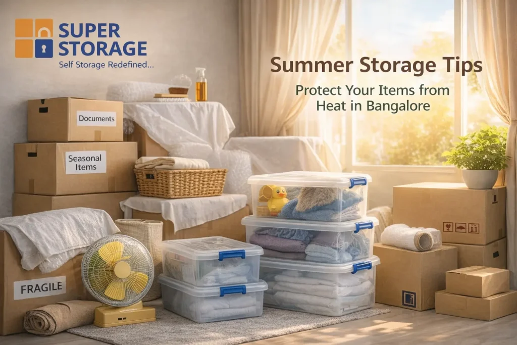 Summer storage setup with boxes and containers protecting items from heat in Bangalore