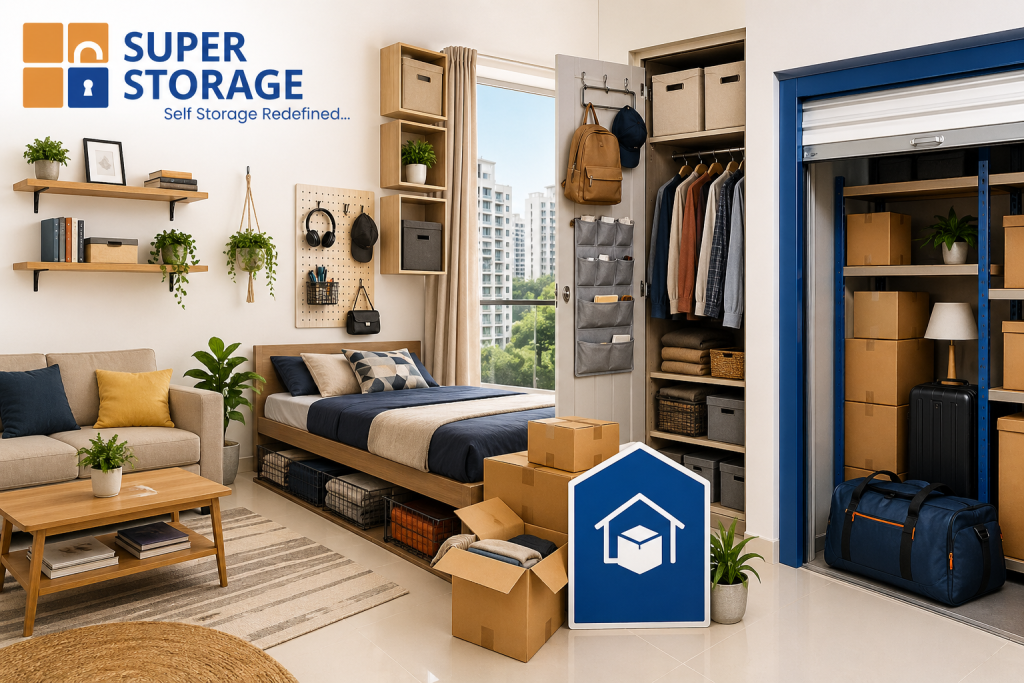 A modern, organized studio apartment with boxes being packed next to a Super Storage unit. A blue house icon with a box symbol stands in the center of the clean living area.