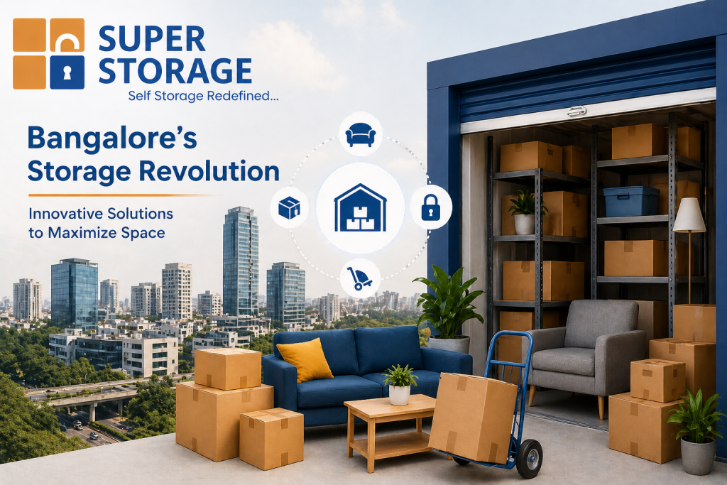 A promotional graphic featuring an open storage unit on a terrace overlooking the Bangalore skyline. Central icons represent furniture storage, secure locking, logistics, and box management services.