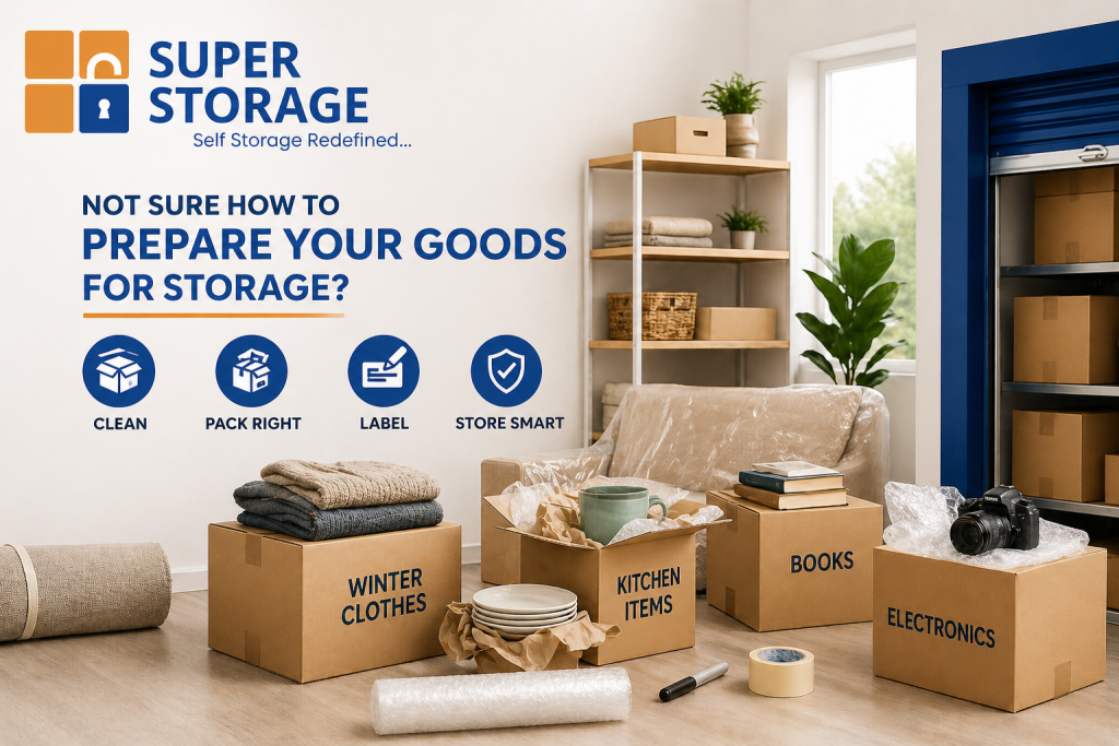 An instructional graphic showing boxes labeled for winter clothes, kitchen items, books, and electronics. Four blue icons at the top highlight the essential storage steps: Clean, Pack Right, Label, and Store Smart.