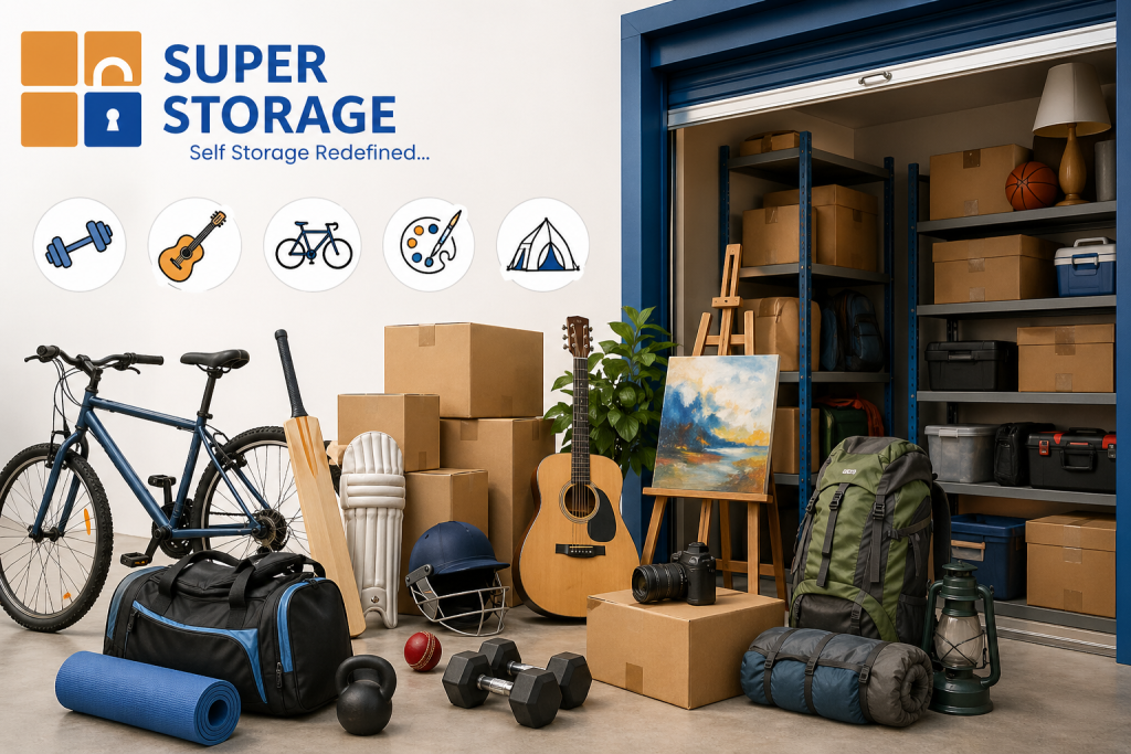 A variety of hobby gear like a bicycle, guitar, easel, and gym equipment in front of a storage unit. Five icons at the top represent fitness, music, cycling, art, and camping gear storage.