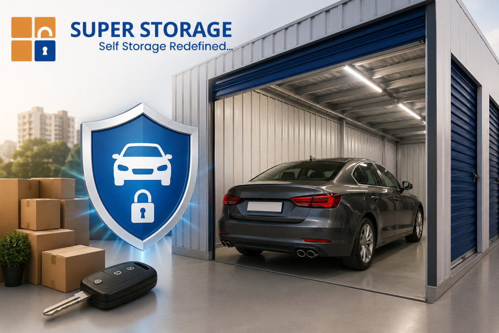 A grey sedan parked inside a brightly lit, clean storage unit with a blue rolling door. A blue shield icon with a car and lock symbol stands in the foreground next to a set of car keys.