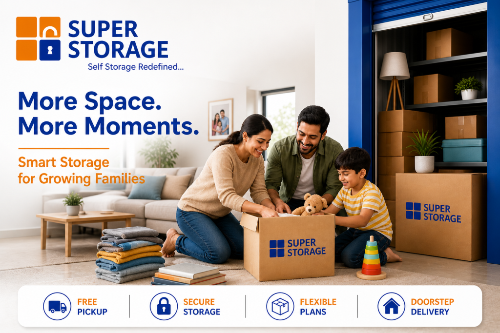 A happy family packing toys and clothes into a Super Storage box in a modern living room. Four icons at the bottom highlight key services: free pickup, secure storage, flexible plans, and doorstep delivery.