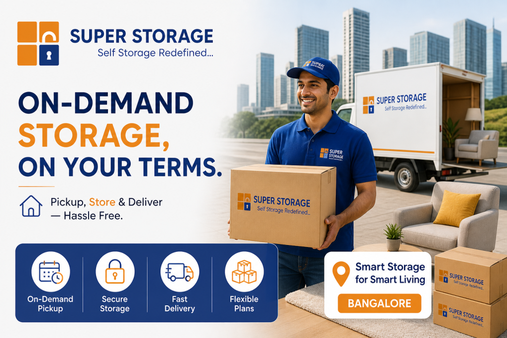 A smiling Super Storage professional carrying a box in front of a delivery truck and the Bangalore skyline.