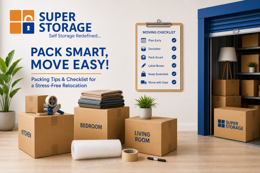 An organized room featuring packed moving boxes labeled Kitchen, Bedroom, and Living Room alongside packing supplies like bubble wrap and tape. A wooden clipboard on the wall displays a "Moving Checklist" with steps for early planning, decluttering, labeling, and moving with ease.