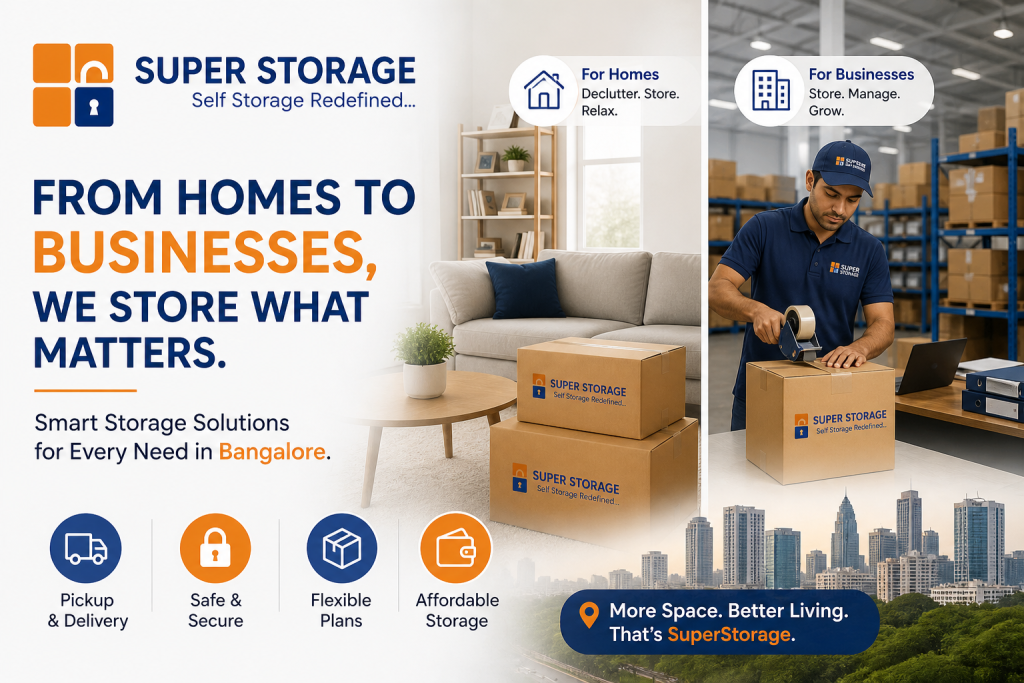 A split visual featuring packed boxes in a home and a professional staff member sealing a box in a warehouse.