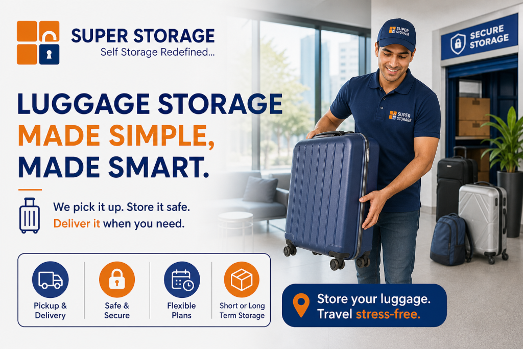 A Super Storage professional handling a large blue suitcase in a clean facility with secure storage units in the background.