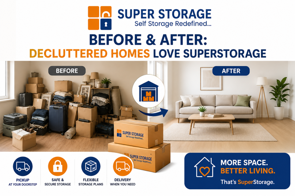 A split comparison showing a room filled with boxes and suitcases "Before" and a clean, minimalist living room "After" using Super Storage.